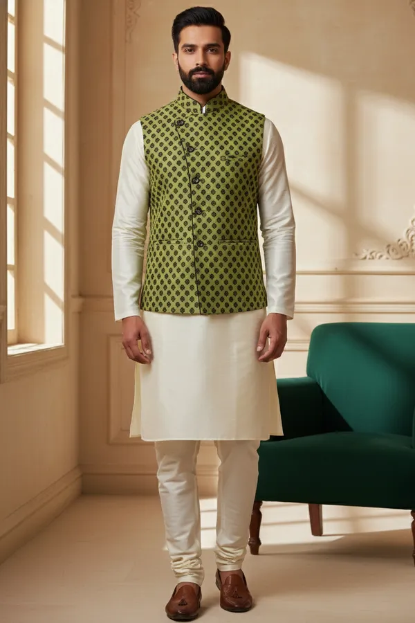 Olive_Green_Premium_Pattern_Poly_Silk_Nehru_Jacket_Kurta_Pajama_Set_For_Men