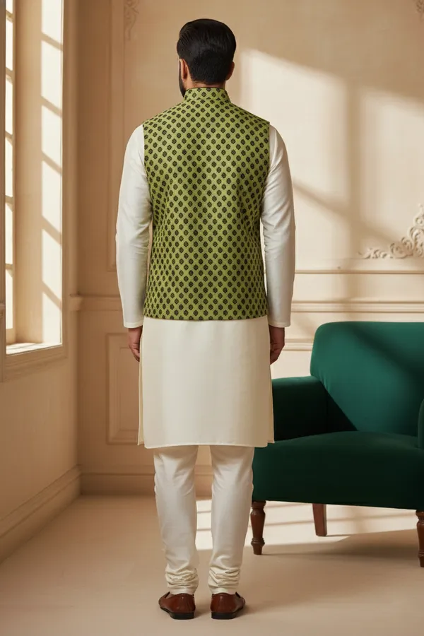 Olive_Green_Premium_Pattern_Poly_Silk_Nehru_Jacket_Kurta_Pajama_Set_For_Men