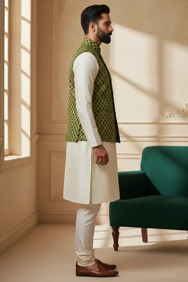 Olive_Green_Premium_Pattern_Poly_Silk_Nehru_Jacket_Kurta_Pajama_Set_For_Men