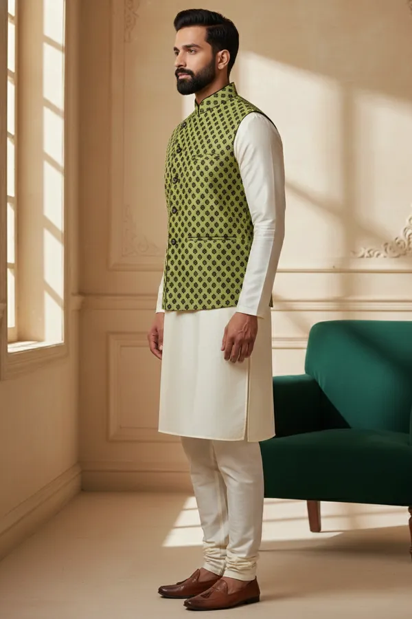 Olive_Green_Premium_Pattern_Poly_Silk_Nehru_Jacket_Kurta_Pajama_Set_For_Men