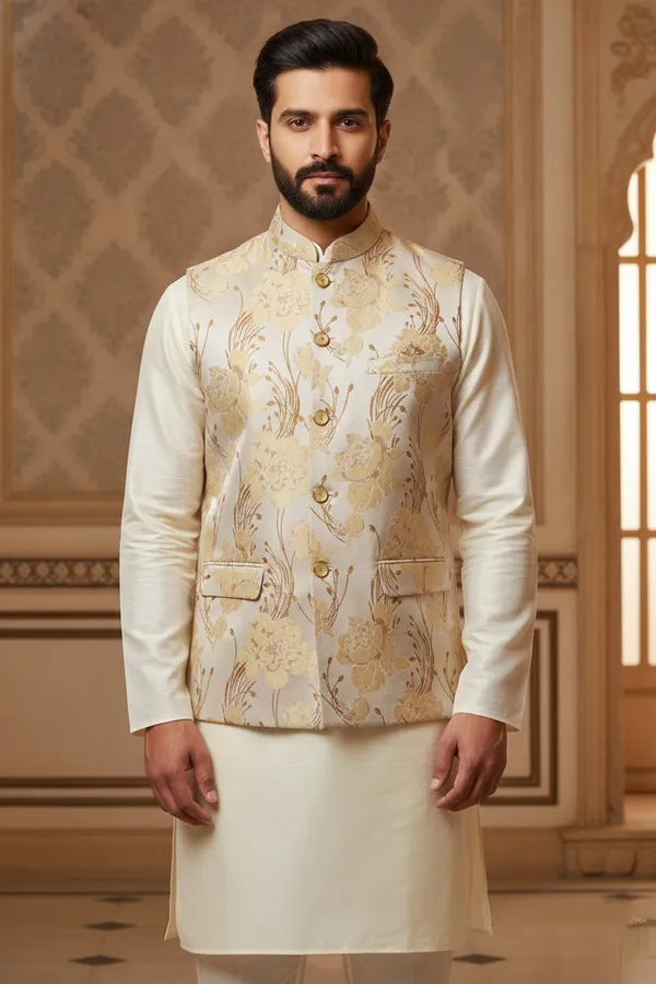 Gold_Premium_Pattern_Poly_Silk_Nehru_Jacket_Kurta_Pajama_Set_For_Men