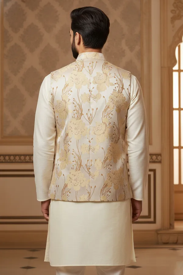 Gold_Premium_Pattern_Poly_Silk_Nehru_Jacket_Kurta_Pajama_Set_For_Men
