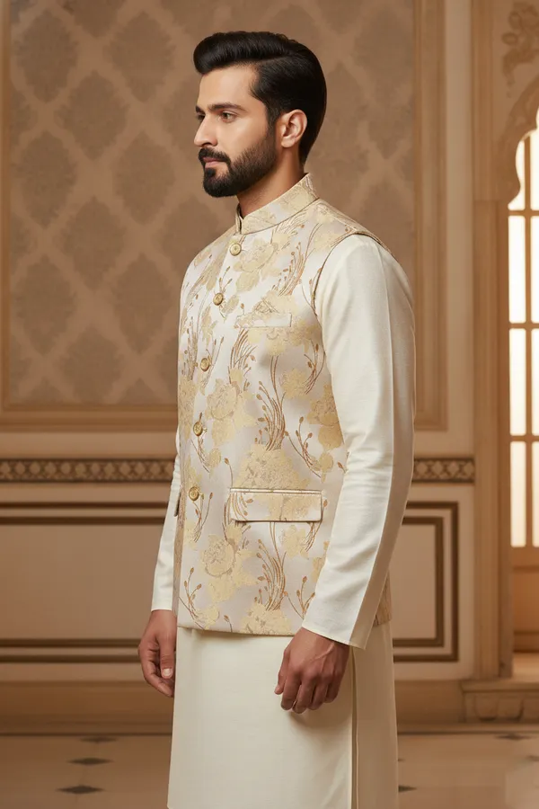 Gold_Premium_Pattern_Poly_Silk_Nehru_Jacket_Kurta_Pajama_Set_For_Men