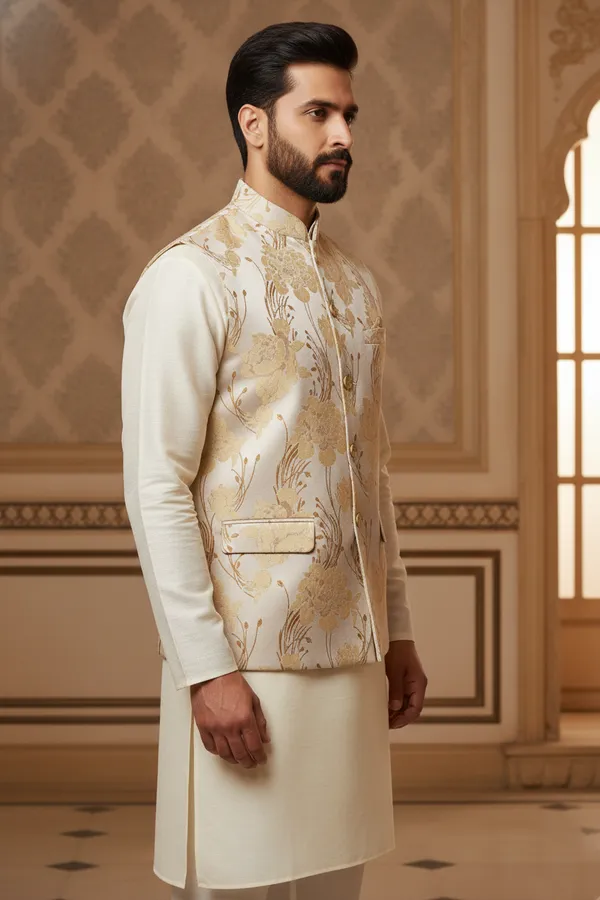 Gold_Premium_Pattern_Poly_Silk_Nehru_Jacket_Kurta_Pajama_Set_For_Men