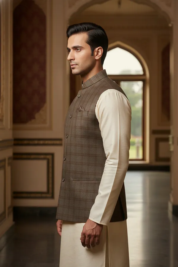 Brown_Premium_Pattern_Poly_Silk_Nehru_Jacket_Kurta_Pajama_Set_For_Men