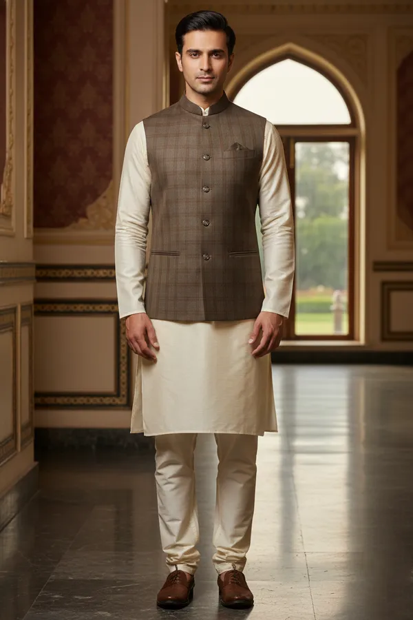 Brown_Premium_Pattern_Poly_Silk_Nehru_Jacket_Kurta_Pajama_Set_For_Men