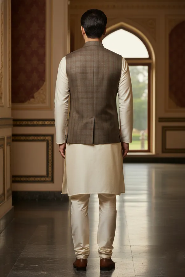 Brown_Premium_Pattern_Poly_Silk_Nehru_Jacket_Kurta_Pajama_Set_For_Men
