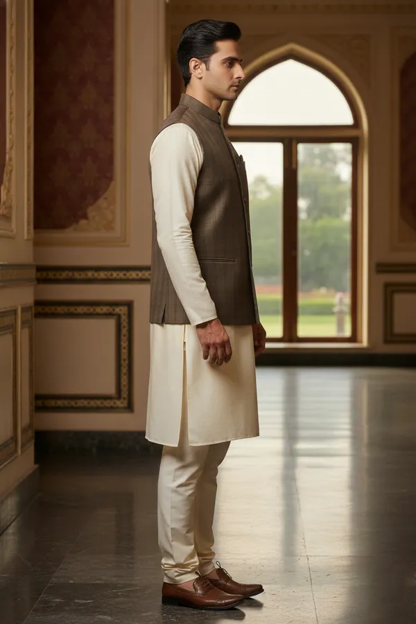 Brown_Premium_Pattern_Poly_Silk_Nehru_Jacket_Kurta_Pajama_Set_For_Men