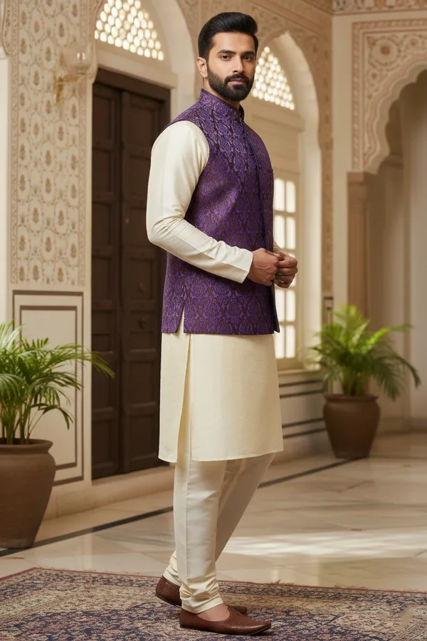 Purple_Premium_Pattern_Poly_Silk_Nehru_Jacket_Kurta_Pajama_Set_For_Men