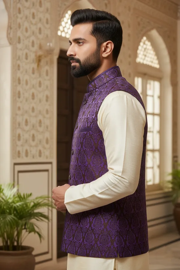 Purple_Premium_Pattern_Poly_Silk_Nehru_Jacket_Kurta_Pajama_Set_For_Men