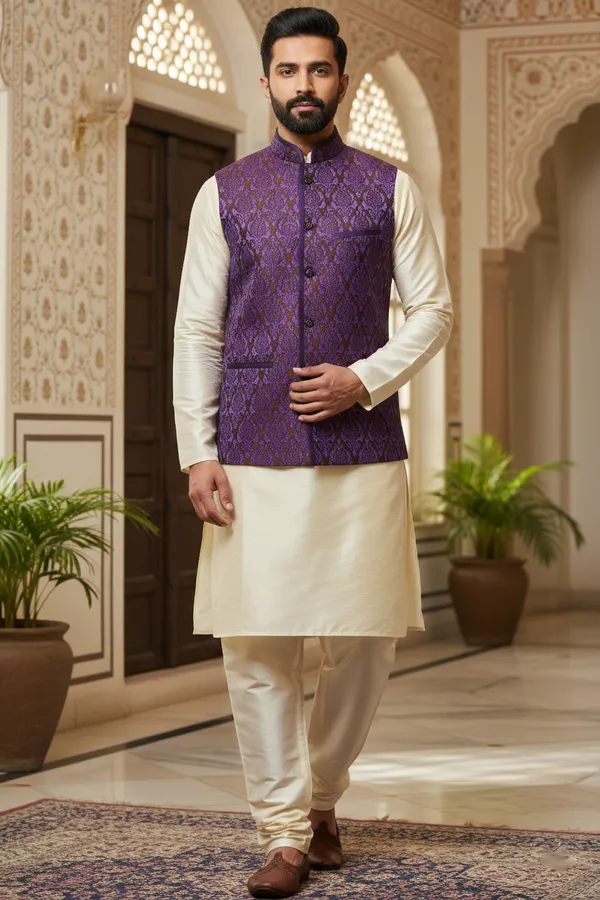 Purple_Premium_Pattern_Poly_Silk_Nehru_Jacket_Kurta_Pajama_Set_For_Men