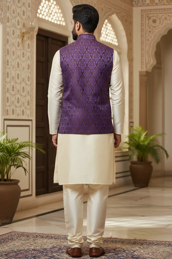 Purple_Premium_Pattern_Poly_Silk_Nehru_Jacket_Kurta_Pajama_Set_For_Men