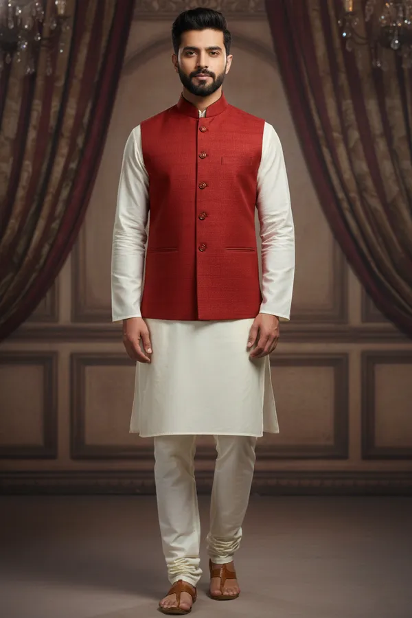 Red_Premium_Pattern_Poly_Silk_Nehru_Jacket_Kurta_Pajama_Set_For_Men