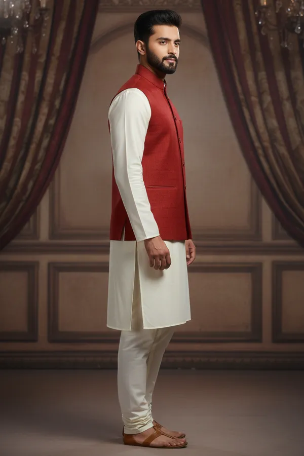 Red_Premium_Pattern_Poly_Silk_Nehru_Jacket_Kurta_Pajama_Set_For_Men