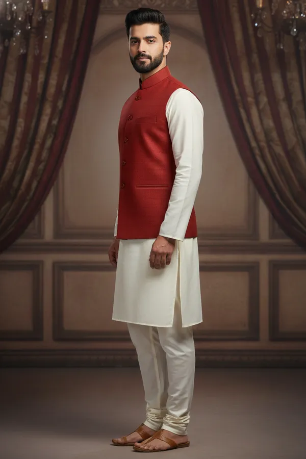 Red_Premium_Pattern_Poly_Silk_Nehru_Jacket_Kurta_Pajama_Set_For_Men