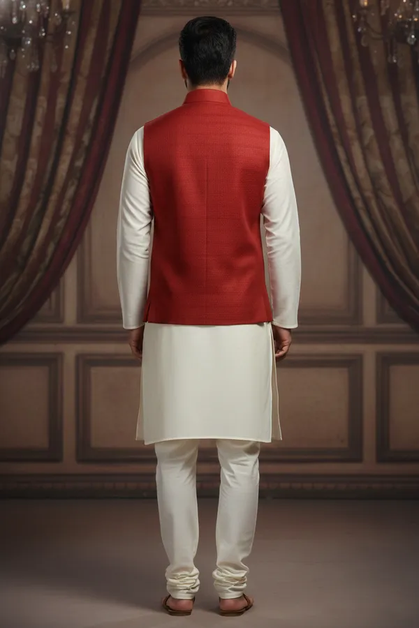 Red_Premium_Pattern_Poly_Silk_Nehru_Jacket_Kurta_Pajama_Set_For_Men