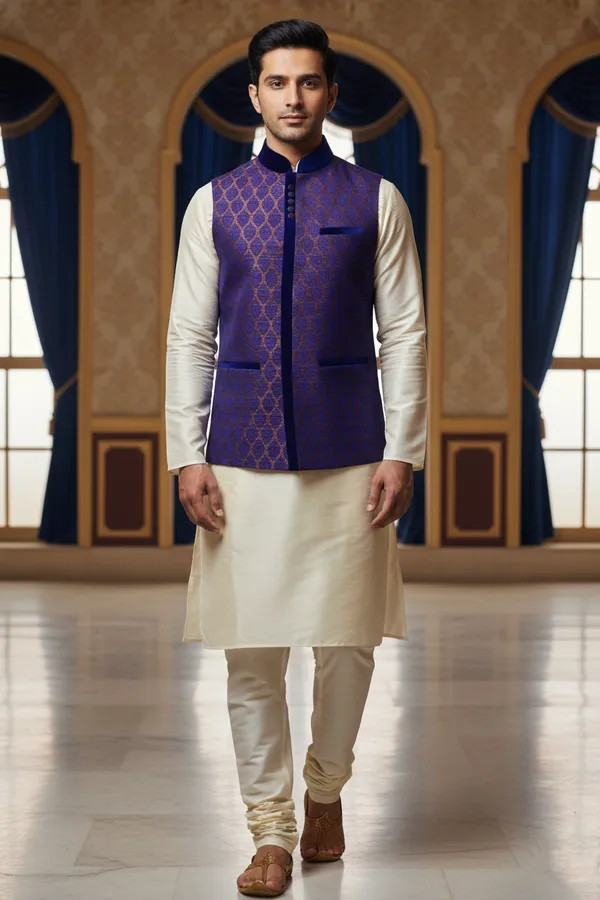 Purple_And_Blue_Premium_Pattern_Poly_Silk_Nehru_Jacket_Kurta_Pajama_Set_For_Men