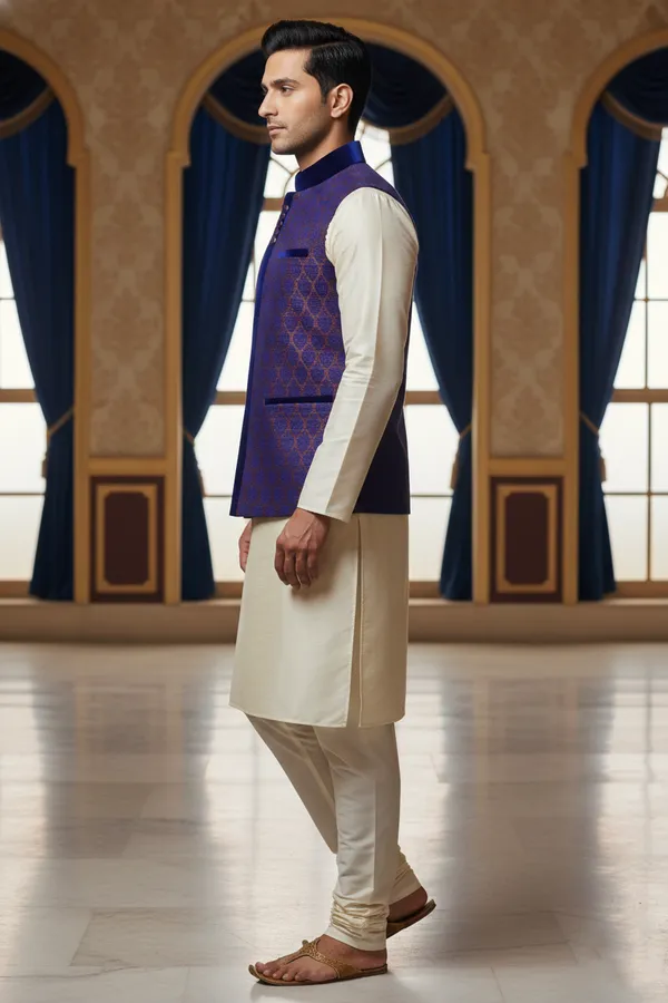 Purple_And_Blue_Premium_Pattern_Poly_Silk_Nehru_Jacket_Kurta_Pajama_Set_For_Men