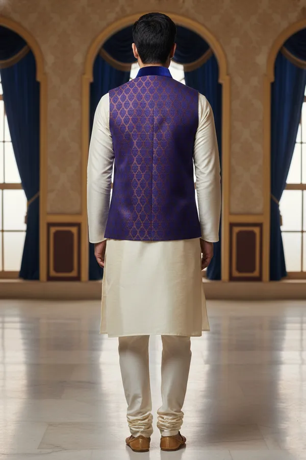 Purple_And_Blue_Premium_Pattern_Poly_Silk_Nehru_Jacket_Kurta_Pajama_Set_For_Men