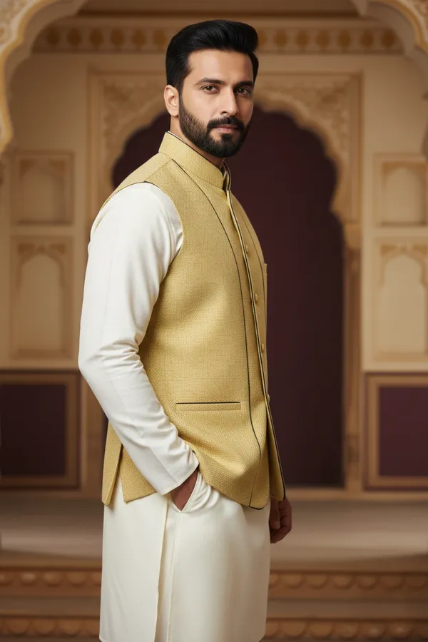 Mustard_And_Black_Premium_Pattern_Poly_Silk_Nehru_Jacket_Kurta_Pajama_Set_For_Men