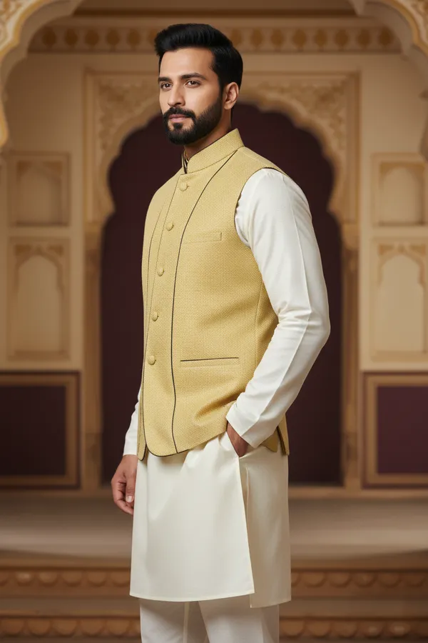 Mustard_And_Black_Premium_Pattern_Poly_Silk_Nehru_Jacket_Kurta_Pajama_Set_For_Men