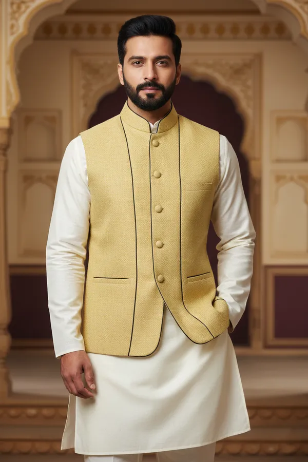 Mustard_And_Black_Premium_Pattern_Poly_Silk_Nehru_Jacket_Kurta_Pajama_Set_For_Men
