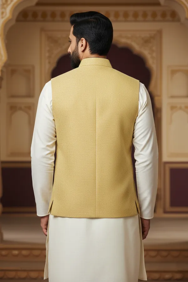Mustard_And_Black_Premium_Pattern_Poly_Silk_Nehru_Jacket_Kurta_Pajama_Set_For_Men