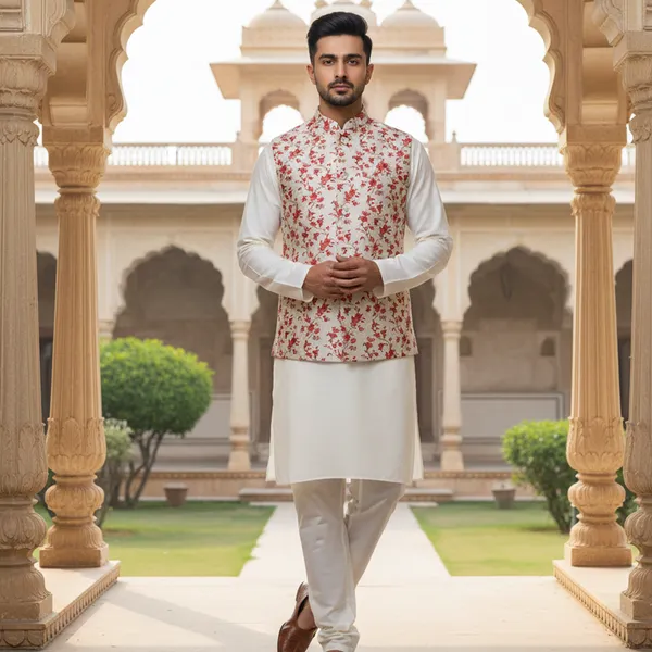 Ivory_Premium_Pattern_Poly_Silk_Nehru_Jacket_Kurta_Pajama_Set_For_Men