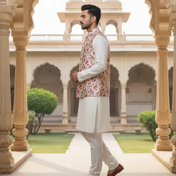 Ivory_Premium_Pattern_Poly_Silk_Nehru_Jacket_Kurta_Pajama_Set_For_Men