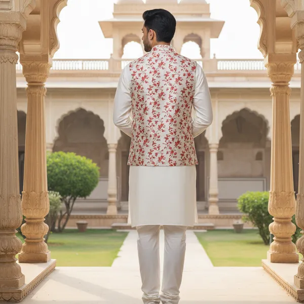 Ivory_Premium_Pattern_Poly_Silk_Nehru_Jacket_Kurta_Pajama_Set_For_Men