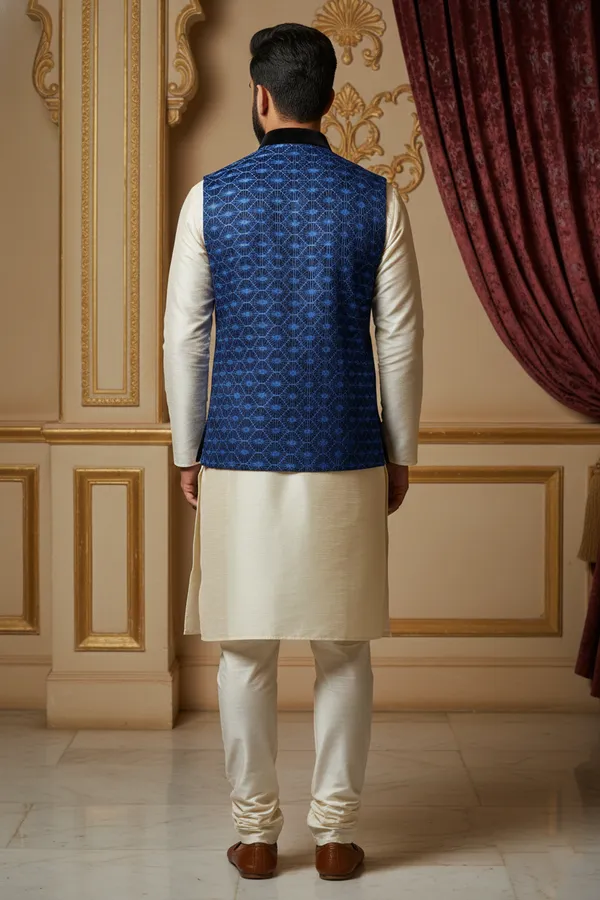 Blue_Premium_Pattern_Jacquard_Silk_Nehru_Jacket_Kurta_Pajama_Set_For_Men