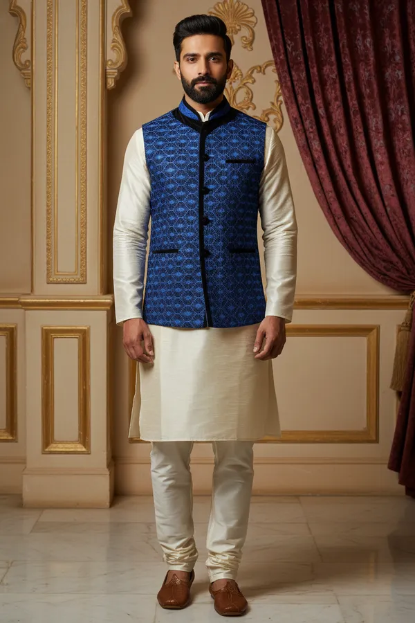 Blue_Premium_Pattern_Jacquard_Silk_Nehru_Jacket_Kurta_Pajama_Set_For_Men