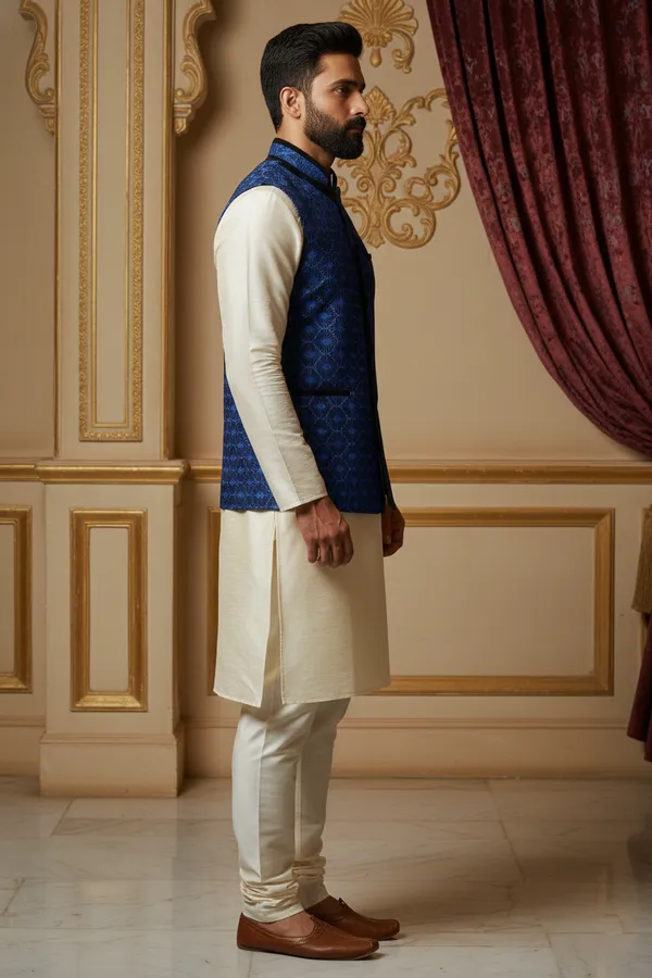 Blue_Premium_Pattern_Jacquard_Silk_Nehru_Jacket_Kurta_Pajama_Set_For_Men