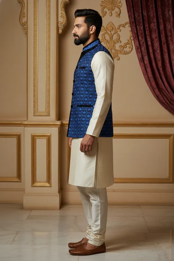 Blue_Premium_Pattern_Jacquard_Silk_Nehru_Jacket_Kurta_Pajama_Set_For_Men