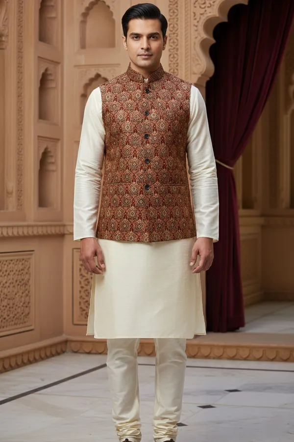 Rust_Premium_Pattern_Poly_Silk_Nehru_Jacket_Kurta_Pajama_Set_For_Men