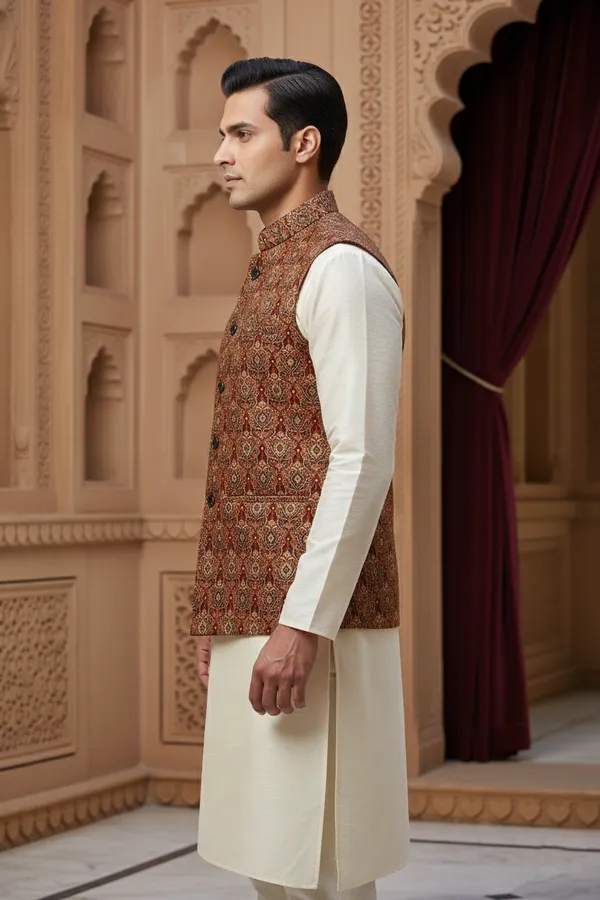 Rust_Premium_Pattern_Poly_Silk_Nehru_Jacket_Kurta_Pajama_Set_For_Men