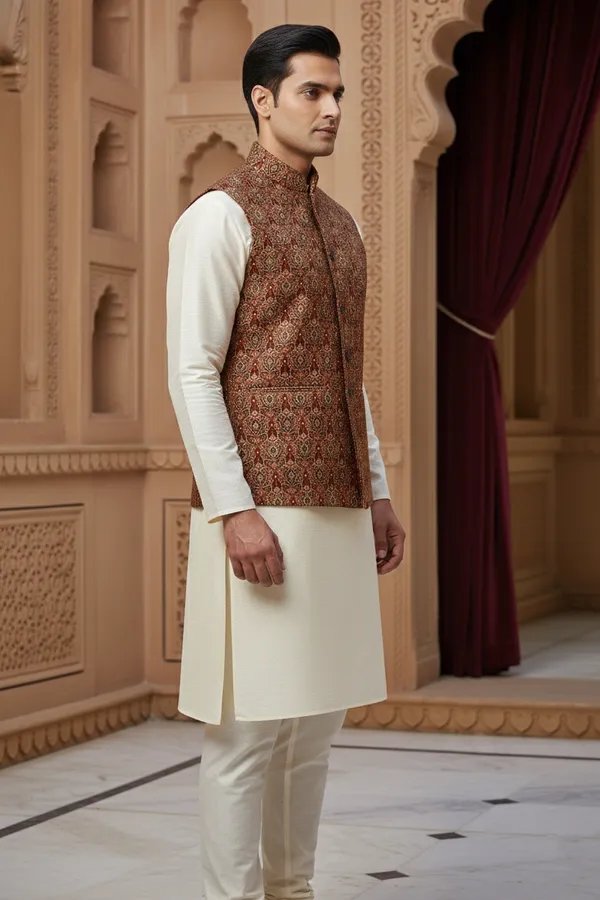 Rust_Premium_Pattern_Poly_Silk_Nehru_Jacket_Kurta_Pajama_Set_For_Men