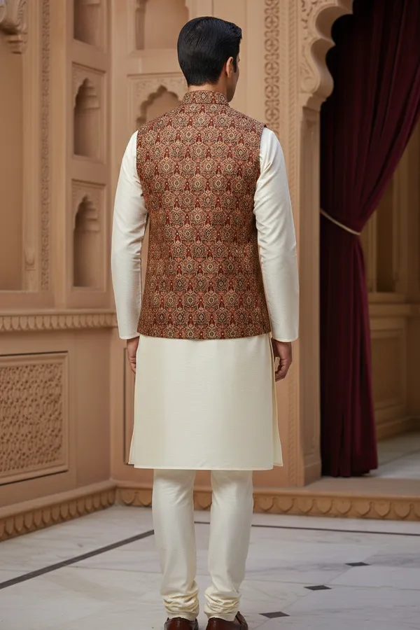 Rust_Premium_Pattern_Poly_Silk_Nehru_Jacket_Kurta_Pajama_Set_For_Men