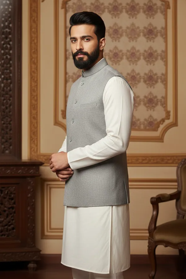 Light_Grey_Premium_Pattern_Poly_Silk_Nehru_Jacket_Kurta_Pajama_Set_For_Men
