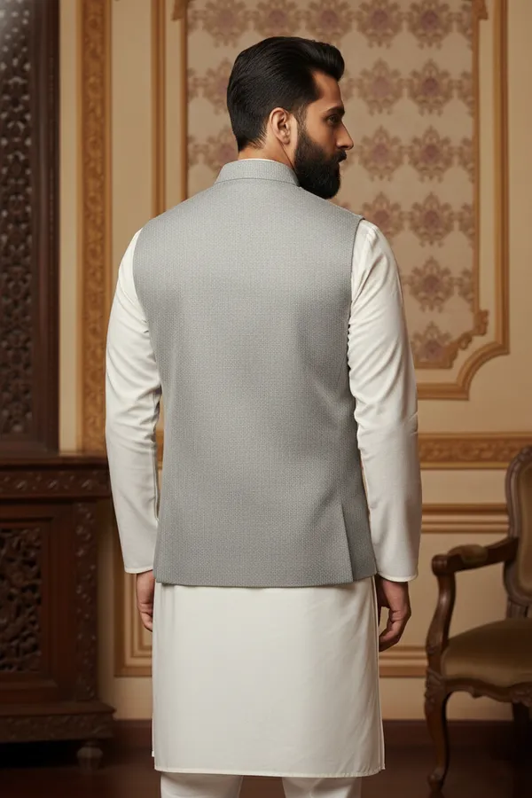 Light_Grey_Premium_Pattern_Poly_Silk_Nehru_Jacket_Kurta_Pajama_Set_For_Men