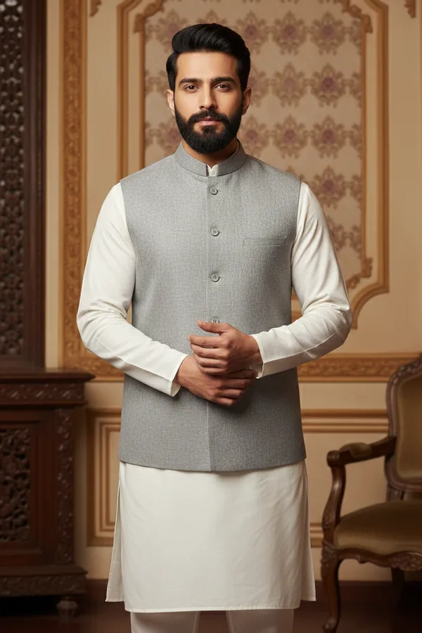 Light_Grey_Premium_Pattern_Poly_Silk_Nehru_Jacket_Kurta_Pajama_Set_For_Men