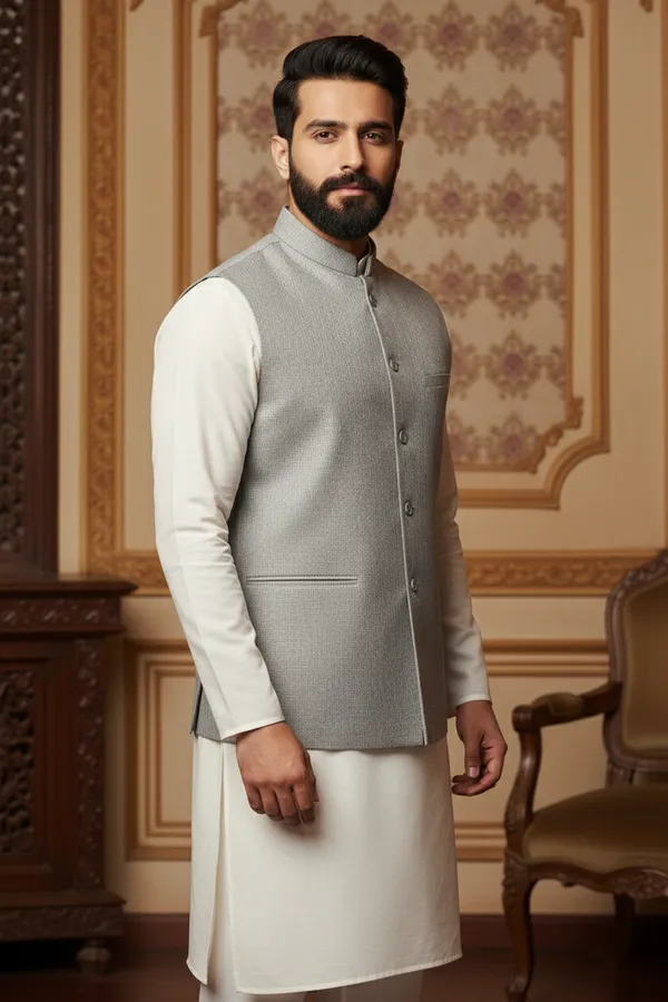 Light_Grey_Premium_Pattern_Poly_Silk_Nehru_Jacket_Kurta_Pajama_Set_For_Men