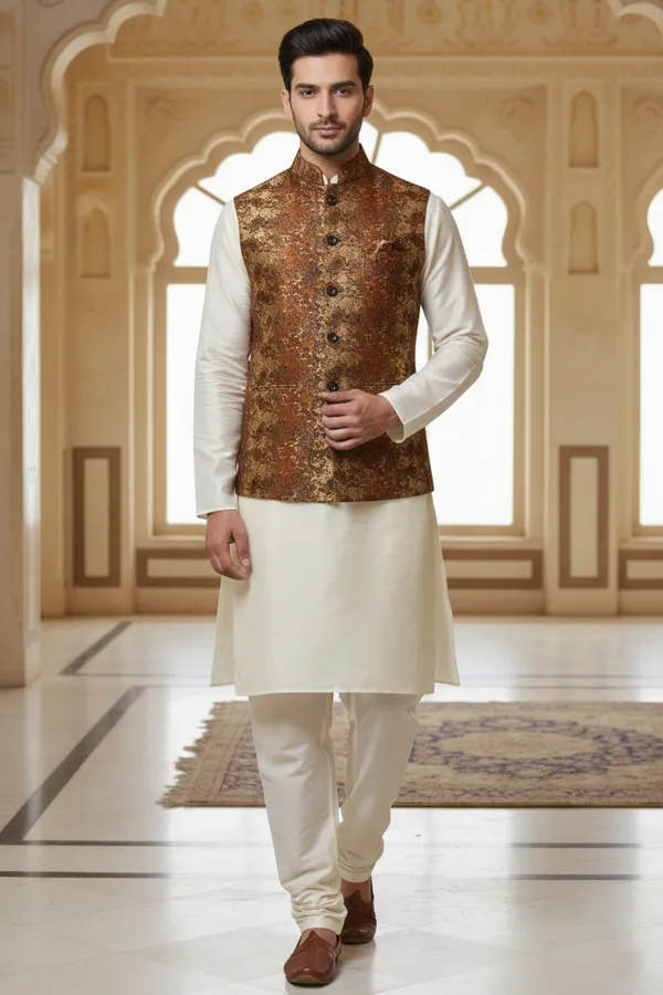 Brown_Premium_Pattern_Poly_Silk_Nehru_Jacket_Kurta_Pajama_Set_For_Men