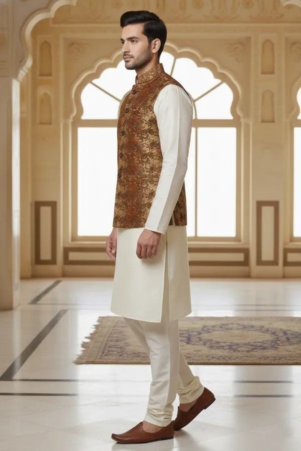 Brown_Premium_Pattern_Poly_Silk_Nehru_Jacket_Kurta_Pajama_Set_For_Men