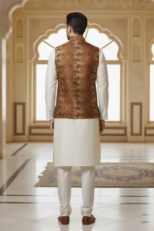 Brown_Premium_Pattern_Poly_Silk_Nehru_Jacket_Kurta_Pajama_Set_For_Men