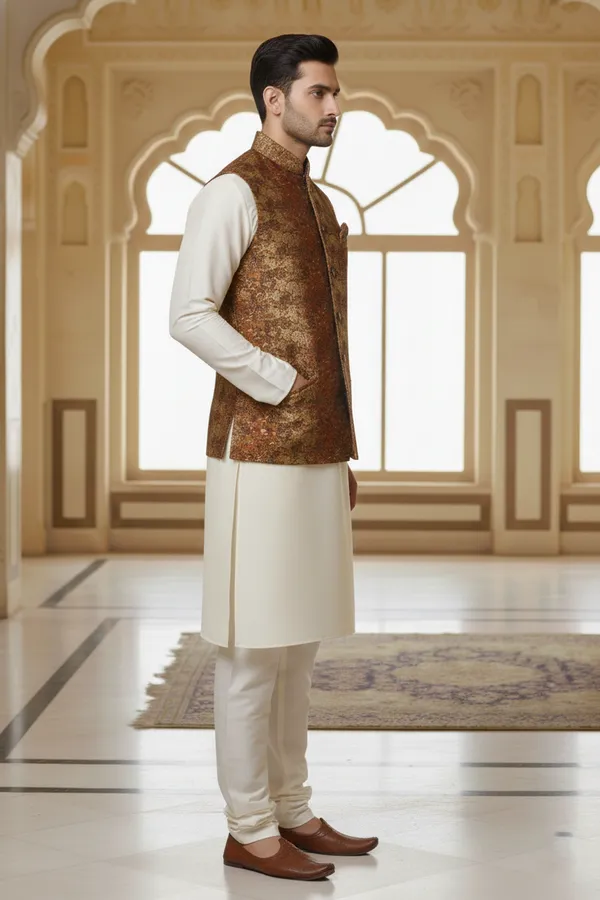 Brown_Premium_Pattern_Poly_Silk_Nehru_Jacket_Kurta_Pajama_Set_For_Men