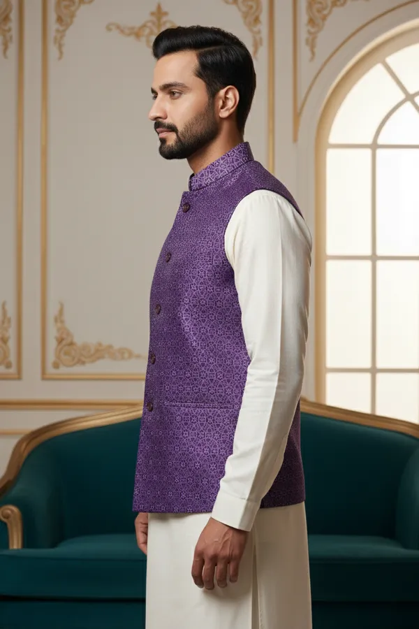 Royal_Purple_Premium_Pattern_Poly_Silk_Nehru_Jacket_Kurta_Pajama_Set_For_Men