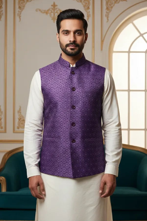 Royal_Purple_Premium_Pattern_Poly_Silk_Nehru_Jacket_Kurta_Pajama_Set_For_Men