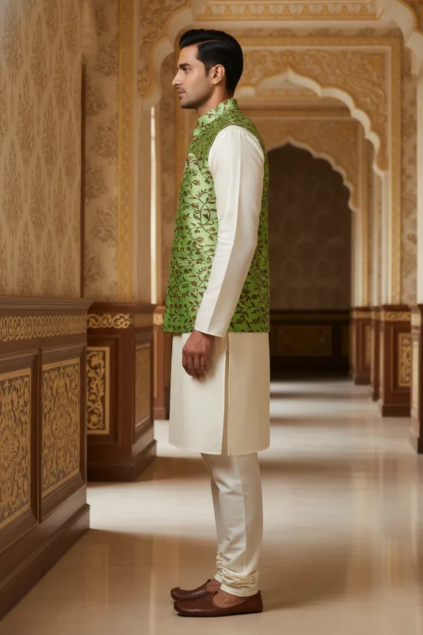 Emerald_Green_Premium_Pattern_Poly_Silk_Nehru_Jacket_Kurta_Pajama_Set_For_Men
