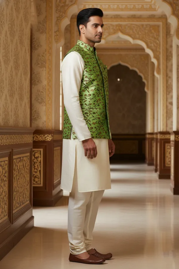 Emerald_Green_Premium_Pattern_Poly_Silk_Nehru_Jacket_Kurta_Pajama_Set_For_Men